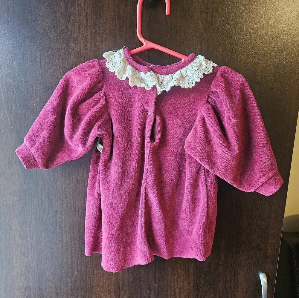 Vintage Carter's Cream and Burgundy Baby Dress With Lace And Bow Accents